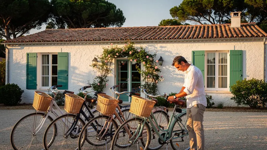 Villa service professional preparing bicycles in front of traditional Île de Ré white villa with green shutters