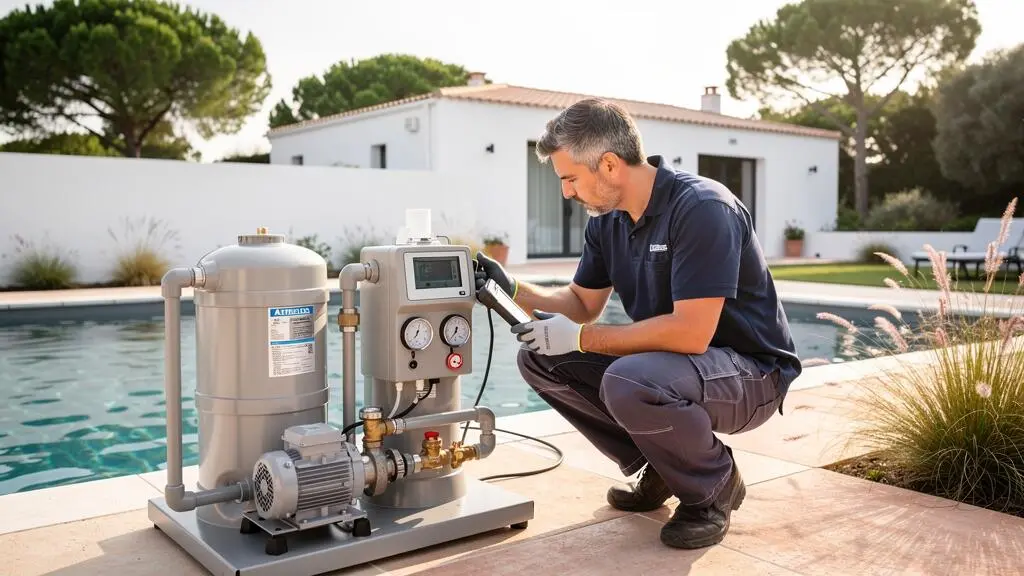 Maintenance technician inspecting pool filtration system at Île de Ré luxury villa