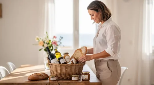 Property manager arranging welcome package with local products inside a luxury villa on Île de Ré