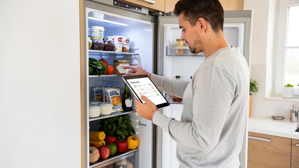 Hospitality professional organizing fresh local provisions in villa refrigerator according to guest preferences