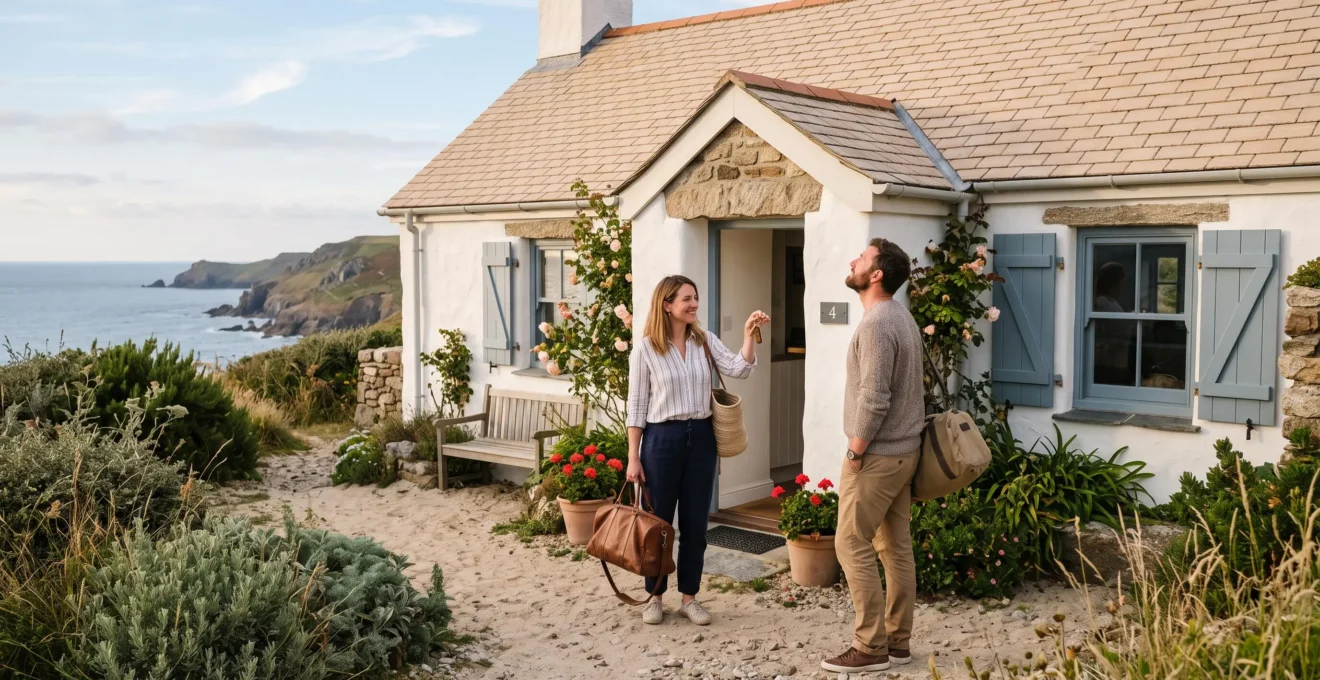 Un couple arrive avec ses bagages devant une maison de vacances blanche près de la mer, l'un d'eux tenant les clés de la location.