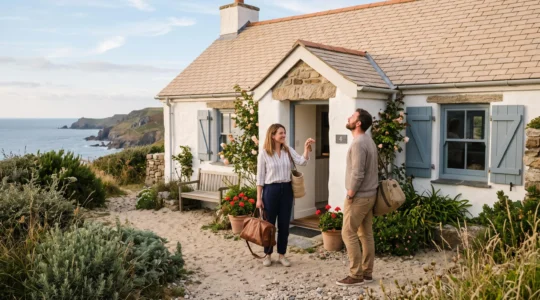 Un couple arrive avec ses bagages devant une maison de vacances blanche près de la mer, l'un d'eux tenant les clés de la location.
