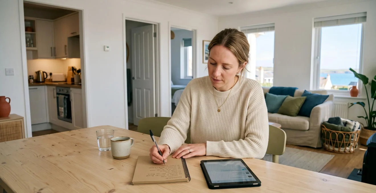 Une femme note ses critères de choix sur un carnet posé sur la table d'un salon lumineux de location de vacances.