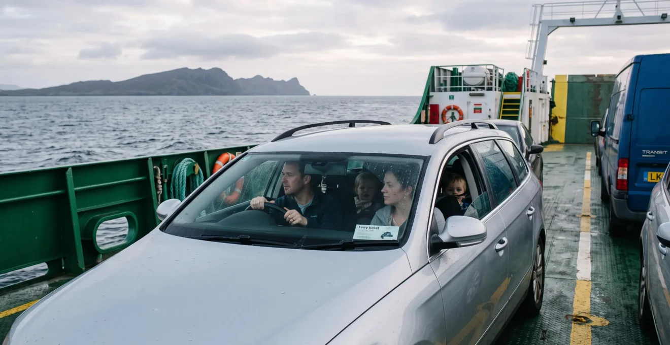 A car waits on a ferry deck during the crossing to the island.
