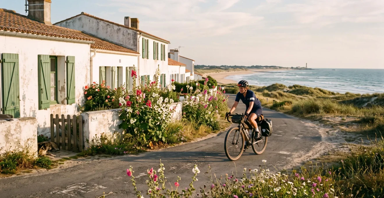 A cyclist rides along a coastal path lined with whitewashed houses on Île de Ré.