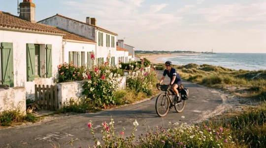 A cyclist rides along a coastal path lined with whitewashed houses on Île de Ré.