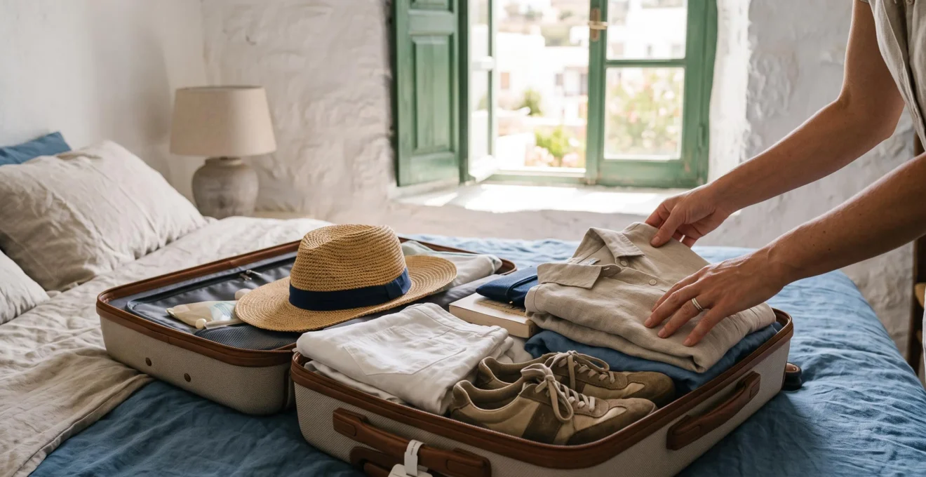 Hands pack a suitcase with linen clothes and shoes in a bright rental room.